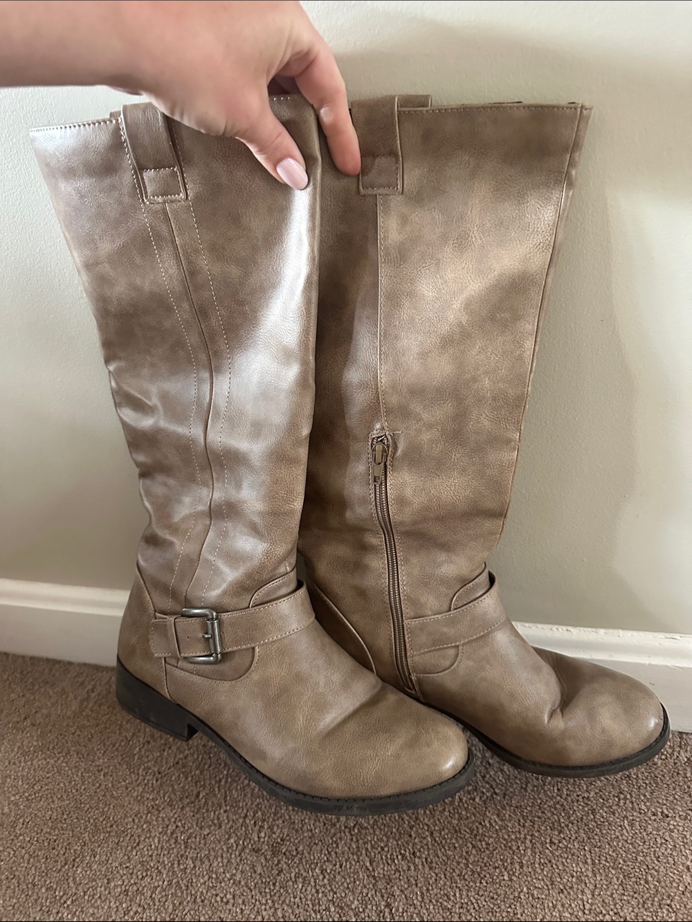Taupe Knee-High Buckle Boots - Women